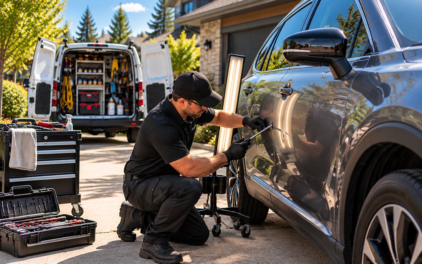 Technician performing mobile dent repair beside a customer vehicle