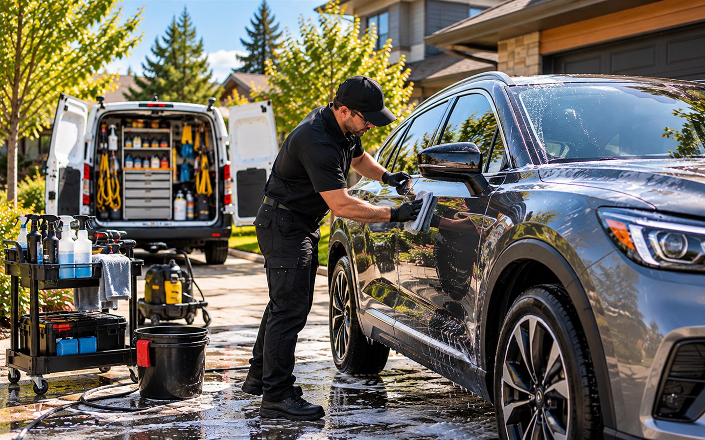 Technician detailing a vehicle at a customer’s home