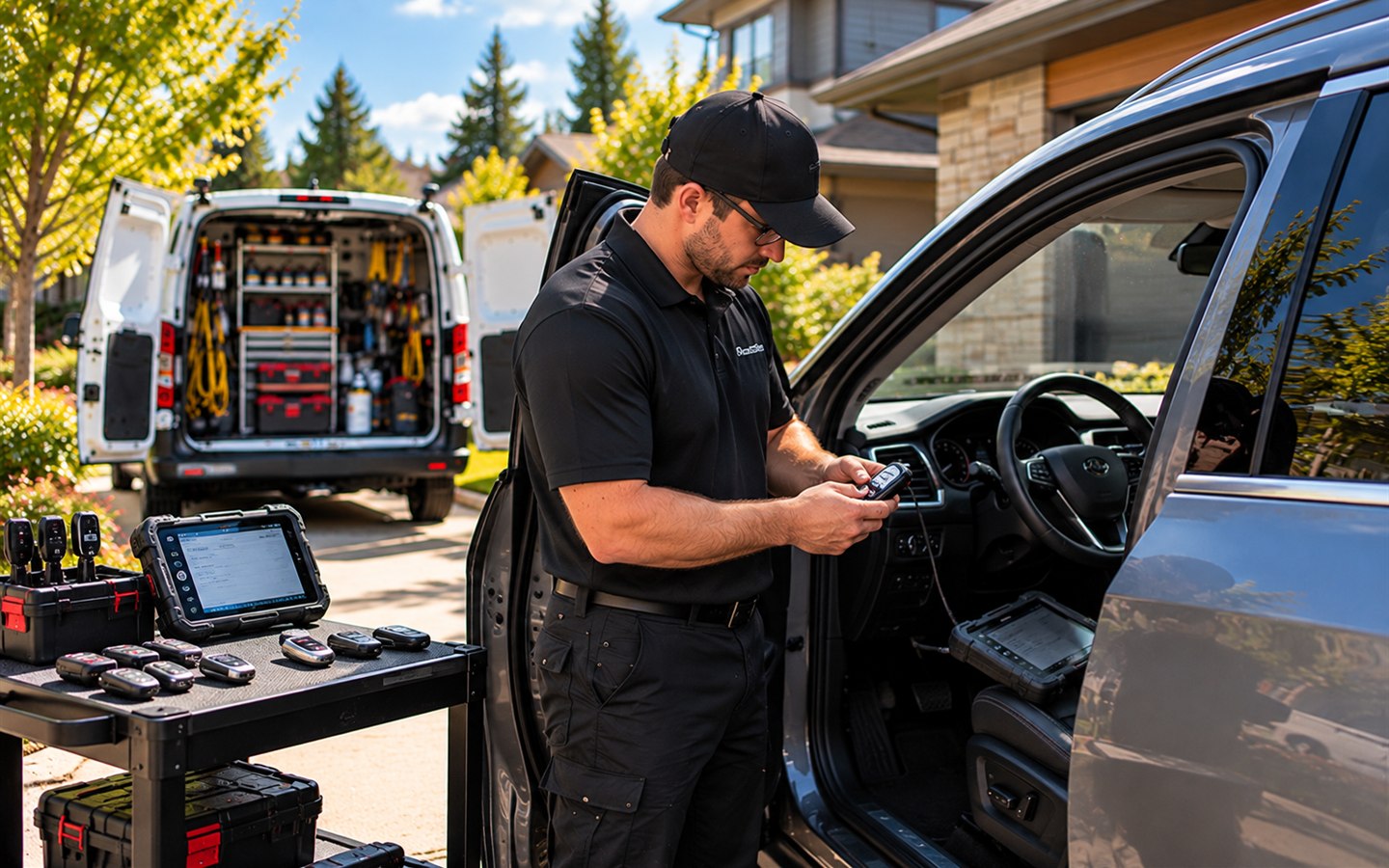 Technician programming a car key fob at a customer vehicle