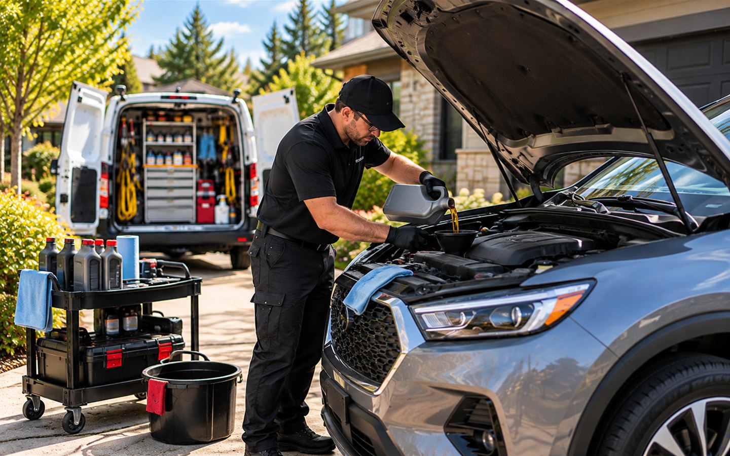 Technician completing a mobile oil change at a home