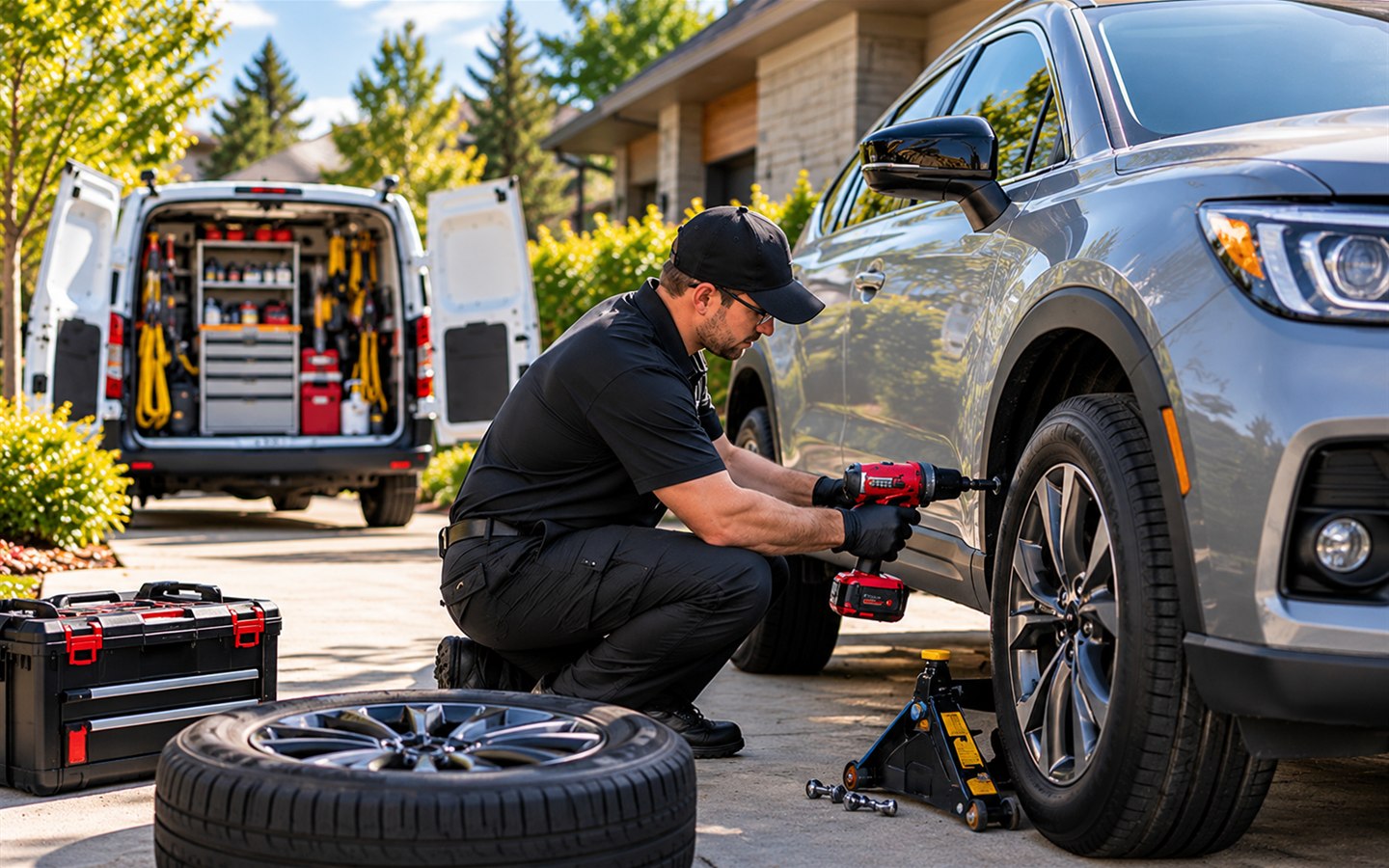 Technician performing a mobile tire change at a home