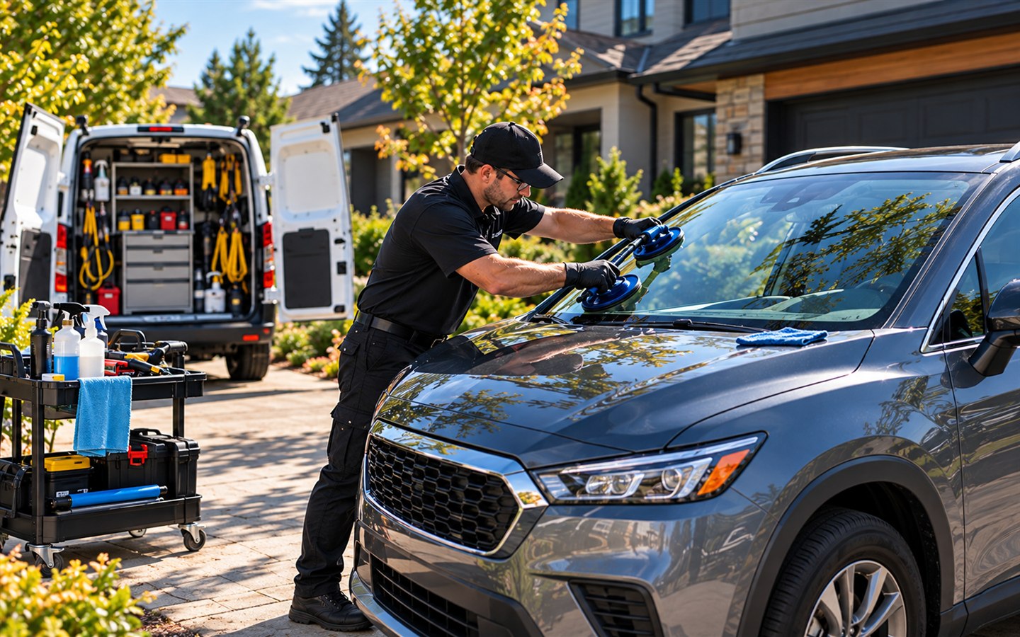 Technician preparing a windshield for mobile replacement